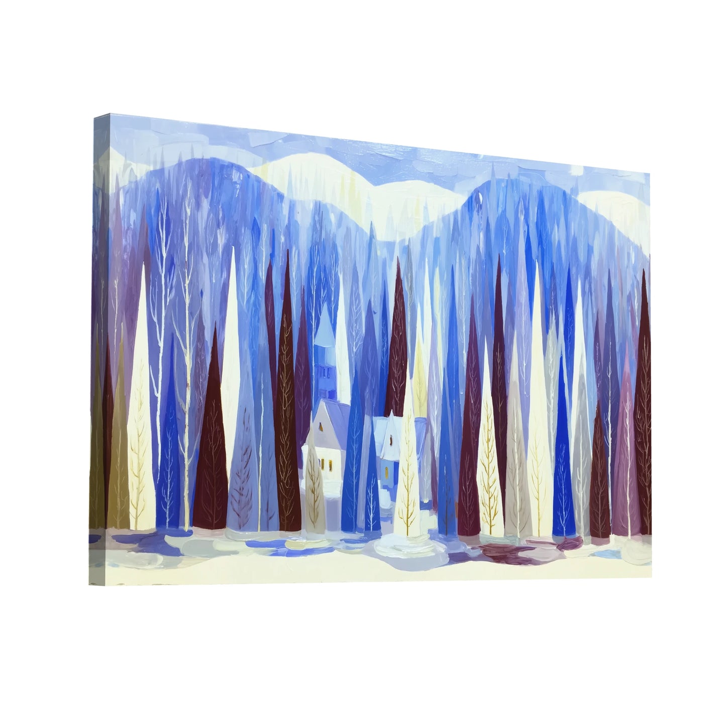 Product Hero 3D WebP Toile Sylve boréale stylisée – Village d’hiver sous les épicéas - Art Virtuoso