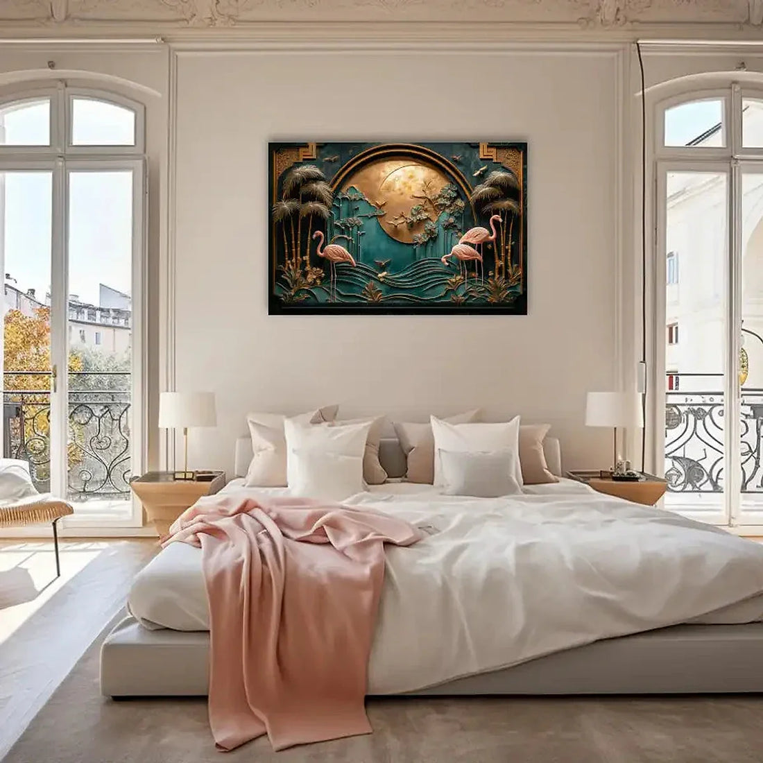 Tableau Oasis Art Déco dans une chambre parisienne claire et épurée