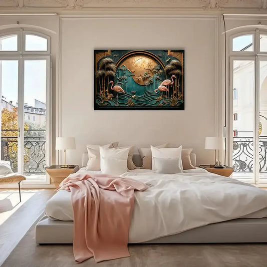 Tableau Oasis Art Déco dans une chambre parisienne claire et épurée