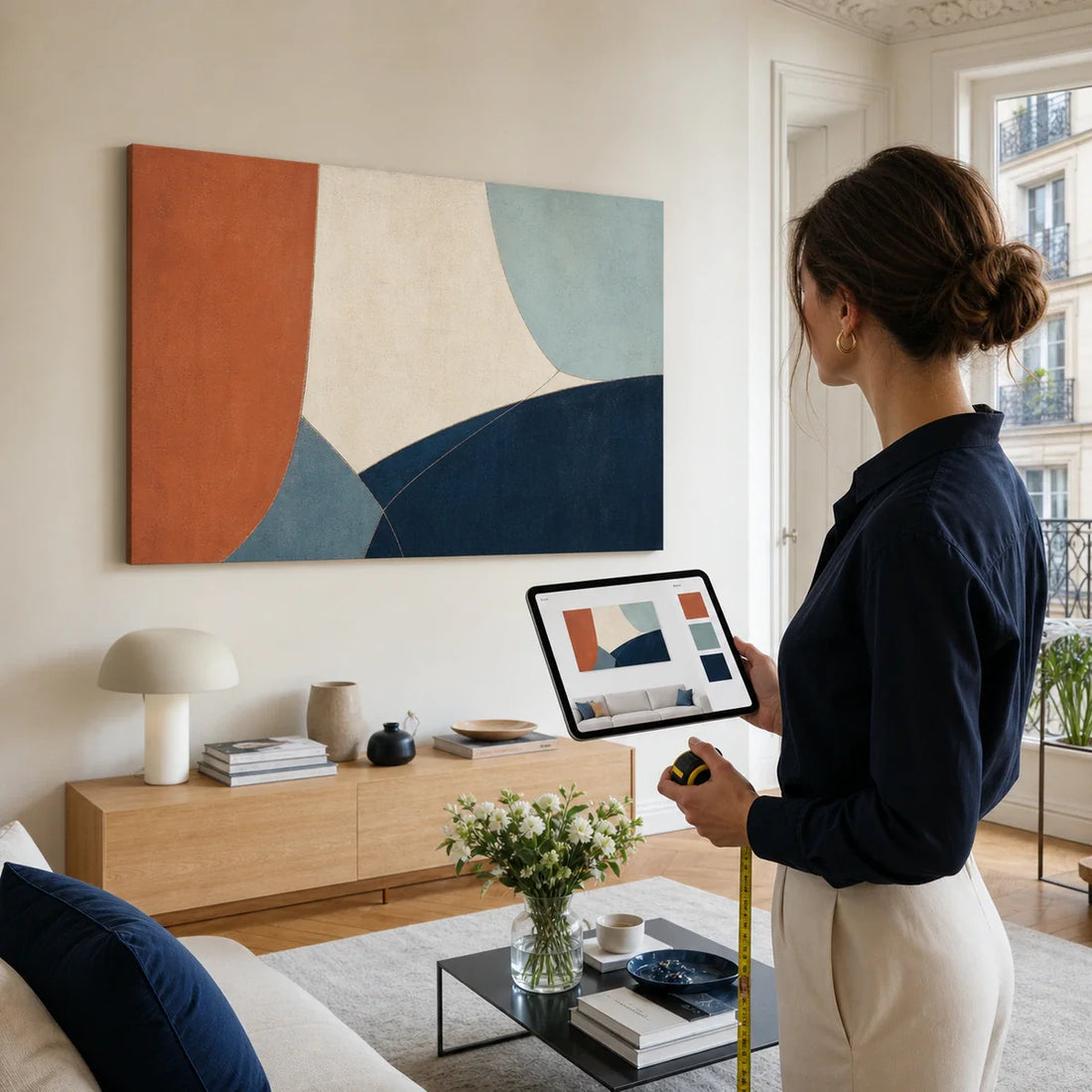 Femme comparant sur une tablette la taille d’un tableau abstrait accroché dans un salon