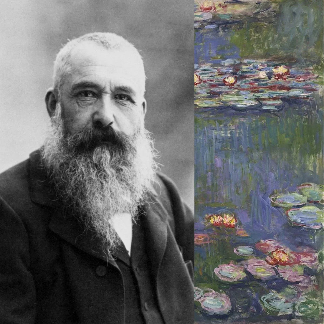 Portrait de Claude Monet associé aux couleurs de ses Nymphéas