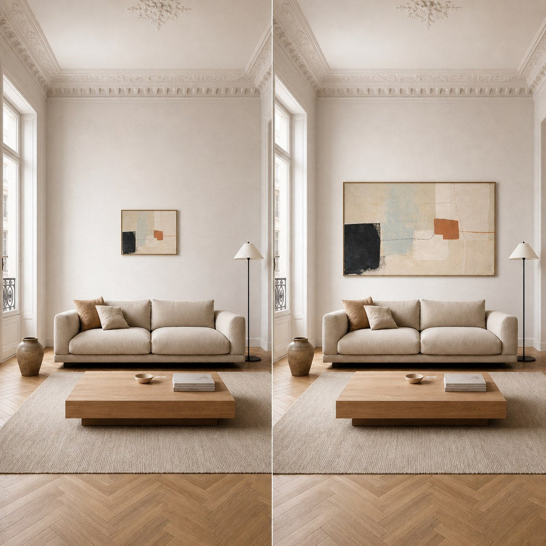 Même salon avec un tableau trop petit puis un format mieux proportionné au-dessus du canapé