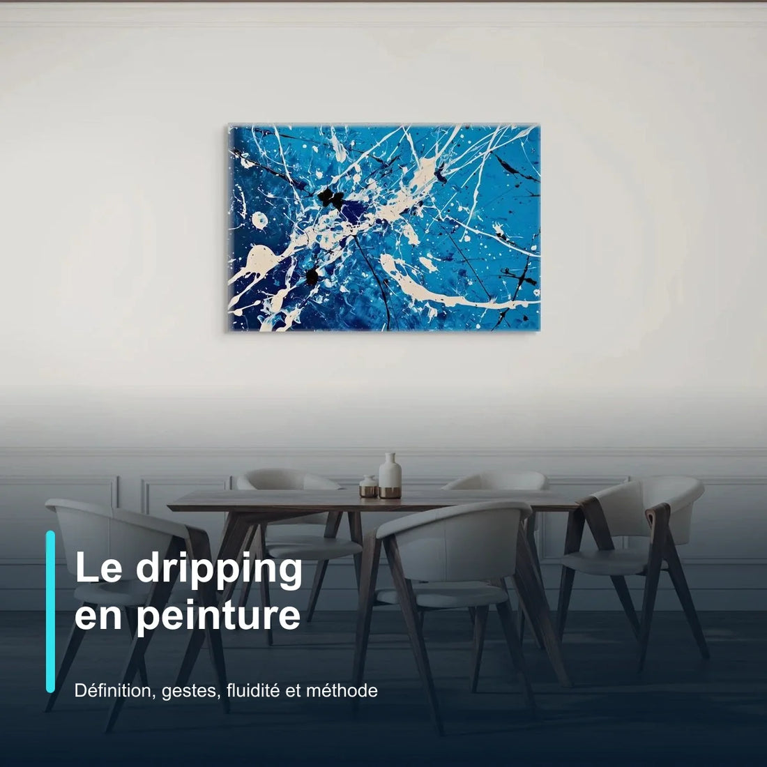Peinture abstraite contemporaine bleu et blanc utilisant des effets de dripping