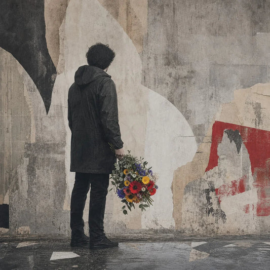 Silhouette urbaine calme tenant un bouquet coloré contre un mur