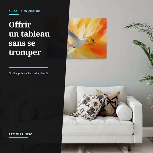 Tableau Colombe de la Paix dans un intérieur avec le titre Offrir un tableau sans se tromper