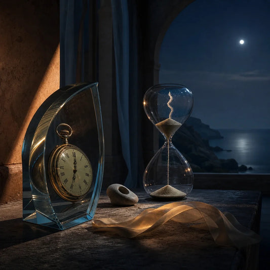 Nature morte surréaliste autour du temps avec montre, prisme et sablier sous la lune
