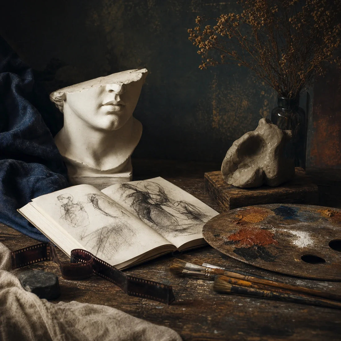 Nature morte d’atelier réunissant sculpture, dessin, peinture et pellicule photographique