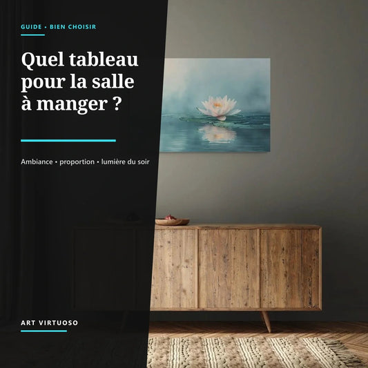 Tableau fleur de lotus au-dessus d'un buffet avec le titre Quel tableau pour la salle à manger