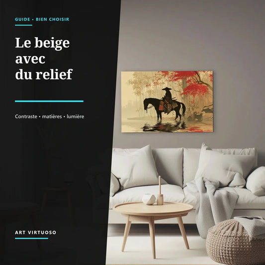 Tableau beige structurant un salon neutre, couverture Le beige avec du relief
