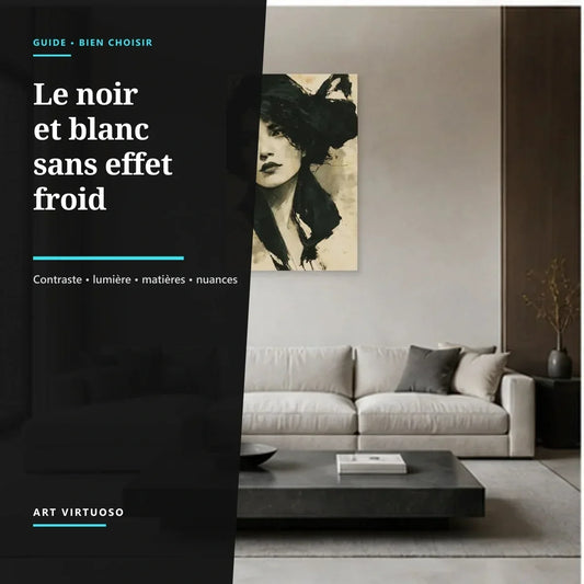 Tableau noir et blanc dans un salon chaleureux avec le titre Le noir et blanc sans effet froid