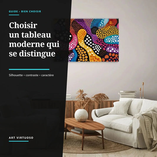 Tableau moderne coloré dans un salon, couverture du guide pour choisir une œuvre qui se distingue