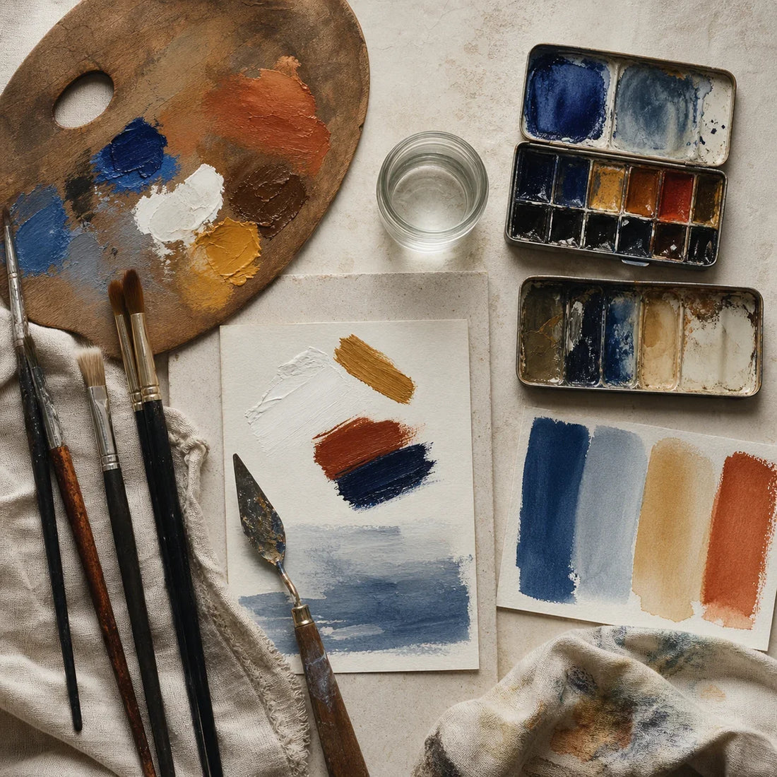 Matériel d’artiste réunissant palette, pinceaux, aquarelle et échantillons de peinture