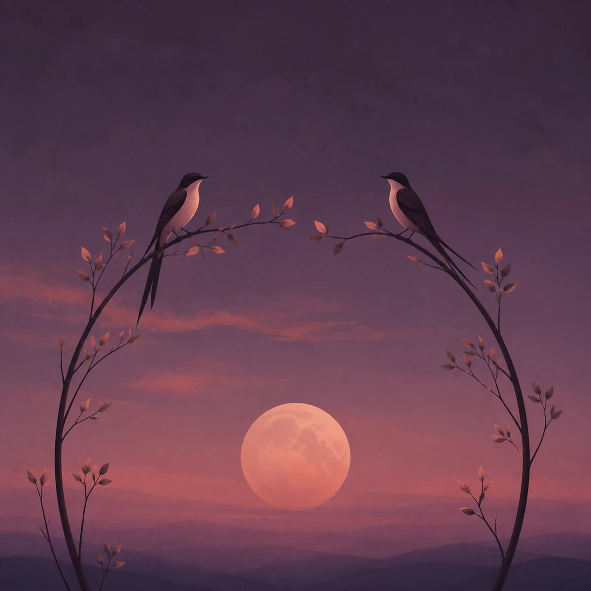 Deux oiseaux sous une lune rose pour la collection d’affiches amour et romantisme