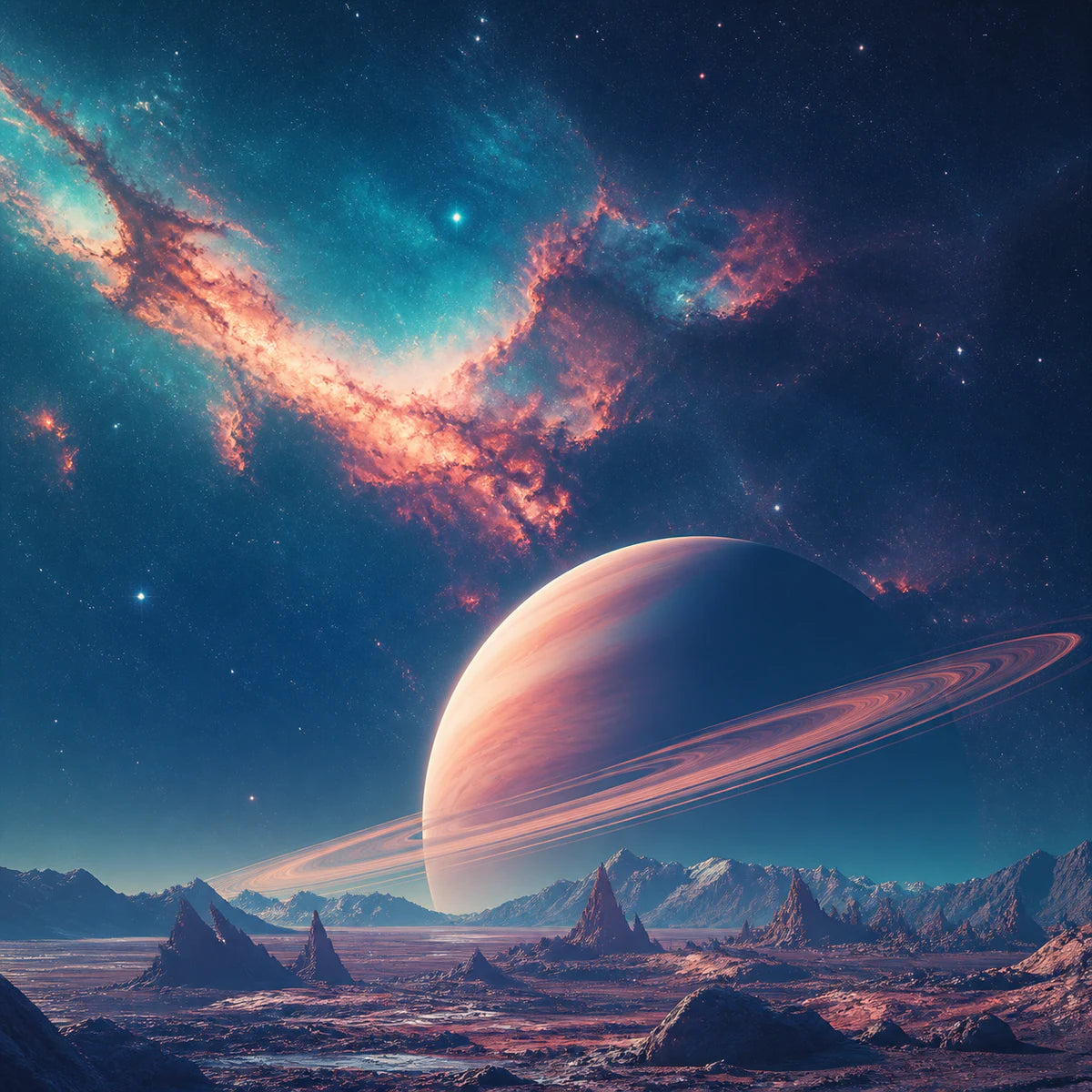 Planète annelée au-dessus d’un horizon minéral pour la collection d’affiches ciel et espace
