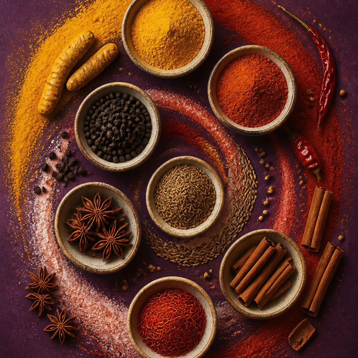 Épices colorées vues du dessus pour la collection d’affiches de cuisine