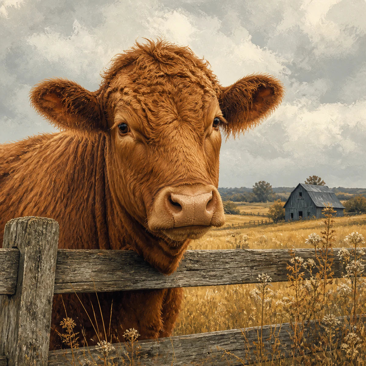 Vache rousse dans une prairie pour la collection d’affiches d’animaux de la ferme