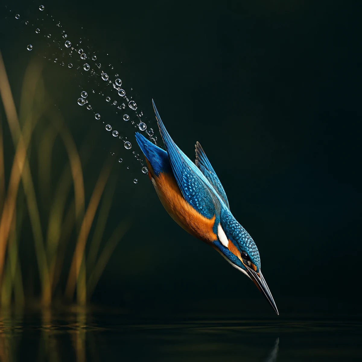 Martin-pêcheur plongeant vers l’eau pour la collection d’affiches d’oiseaux