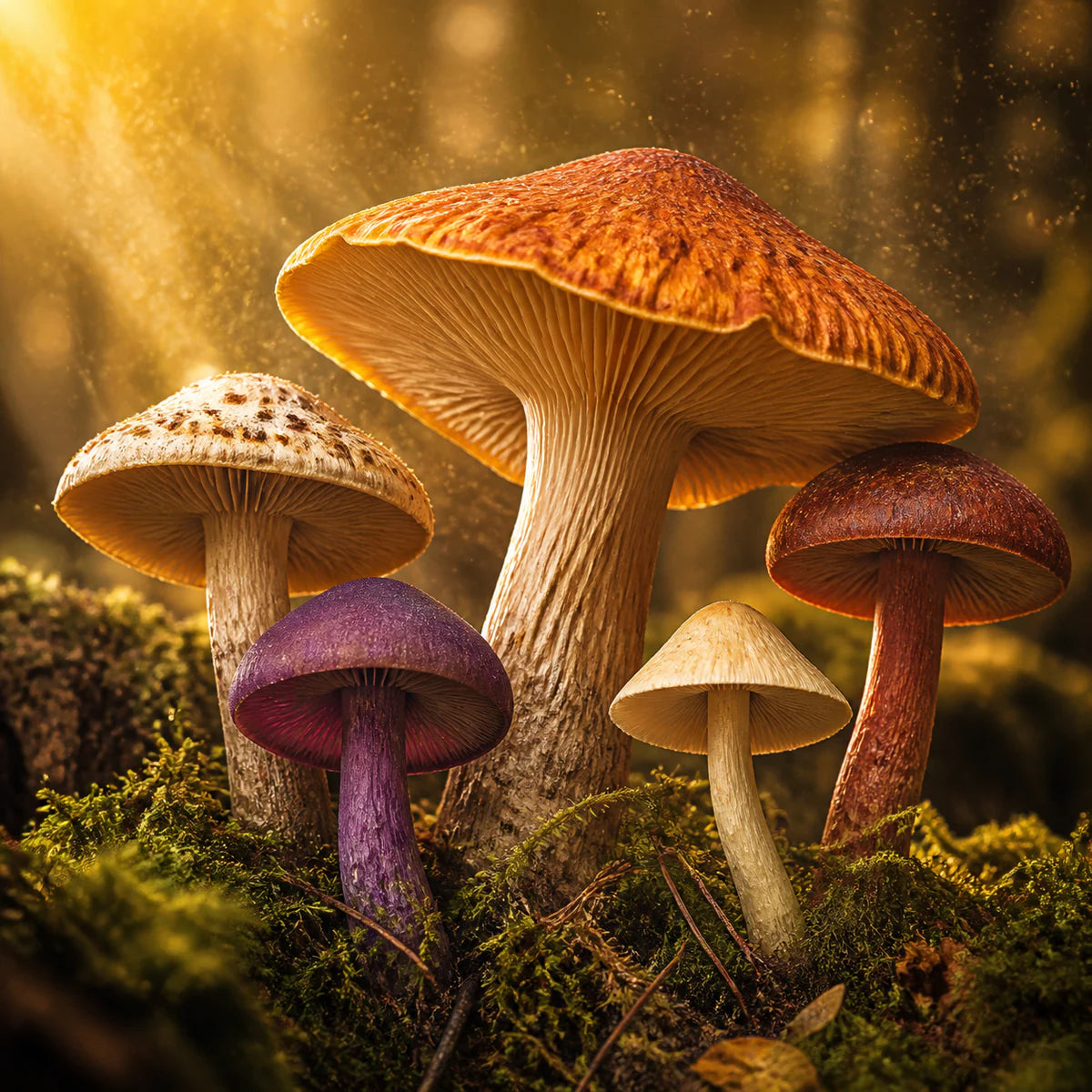 Champignons variés au ras de la mousse pour la collection d’affiches de champignons