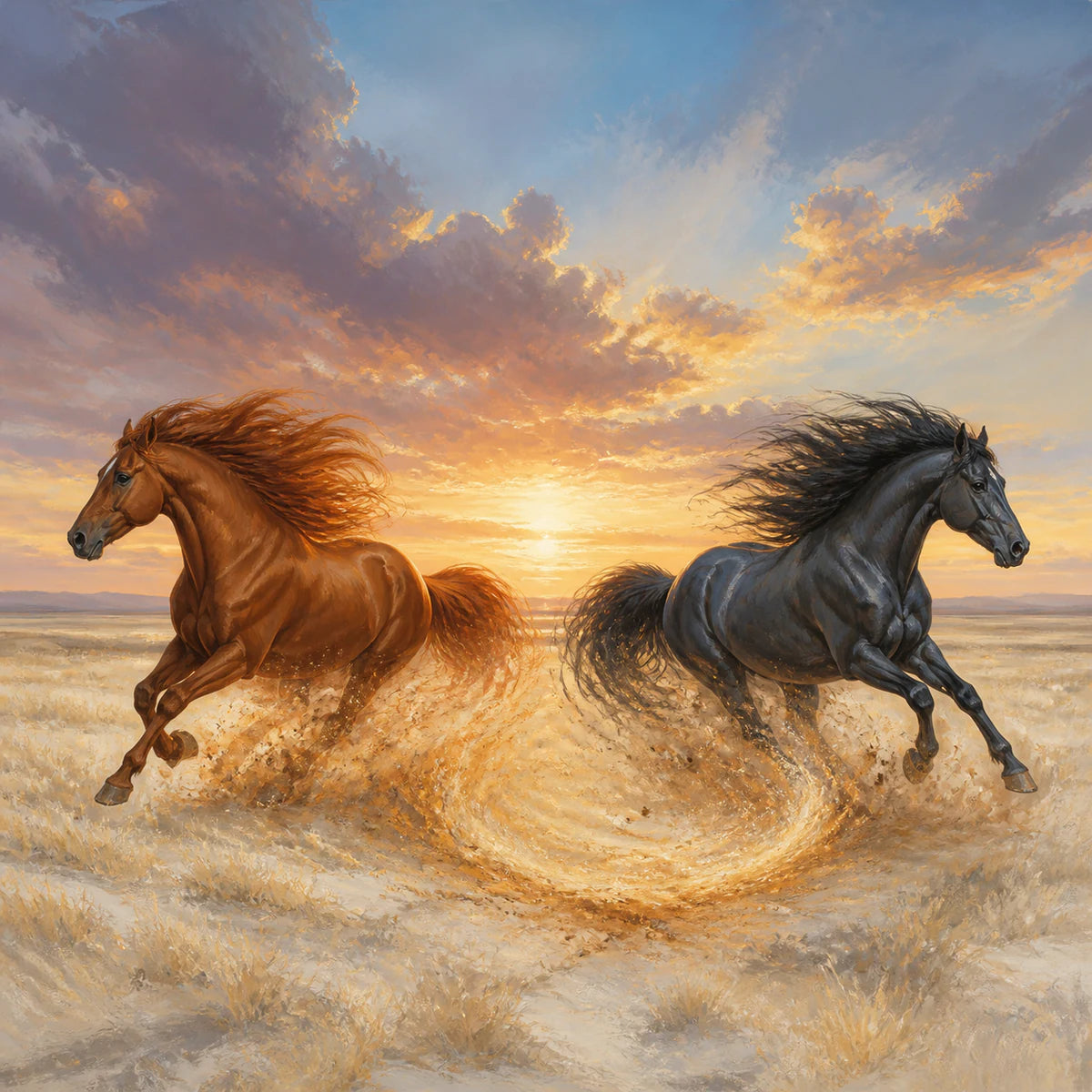 Chevaux au galop dans une plaine pour la collection d’affiches de chevaux