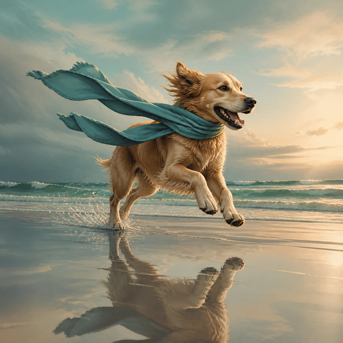 Chien courant avec son reflet sur la plage pour la collection d’affiches de chiens