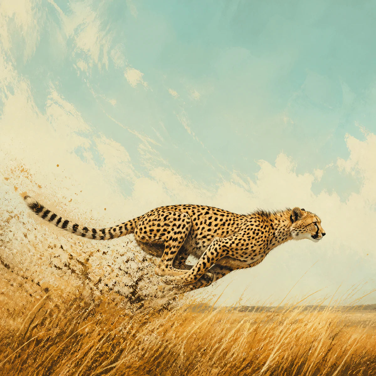 Guépard courant dans les hautes herbes pour la collection d’affiches de faune sauvage