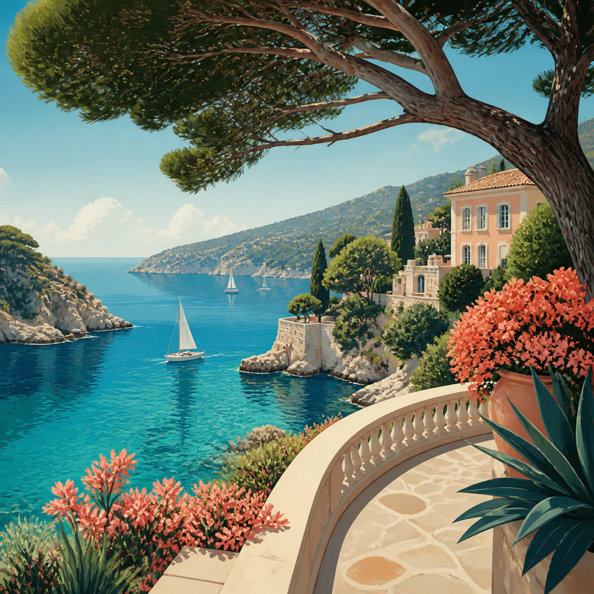 Crique turquoise et pin parasol pour la collection d’affiches de la Côte d’Azur