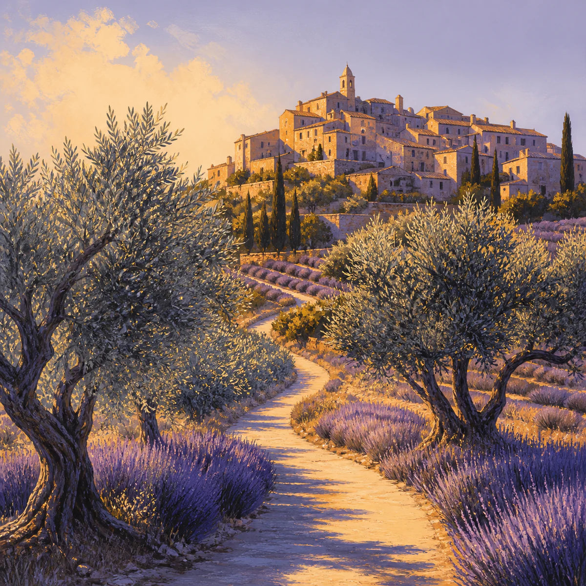 Chemin parmi les oliviers et la lavande pour la collection d’affiches de Provence
