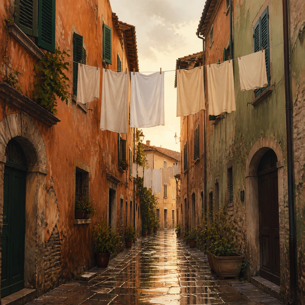 Ruelle colorée reflétée sur les pavés pour la collection d’affiches de rues et façades