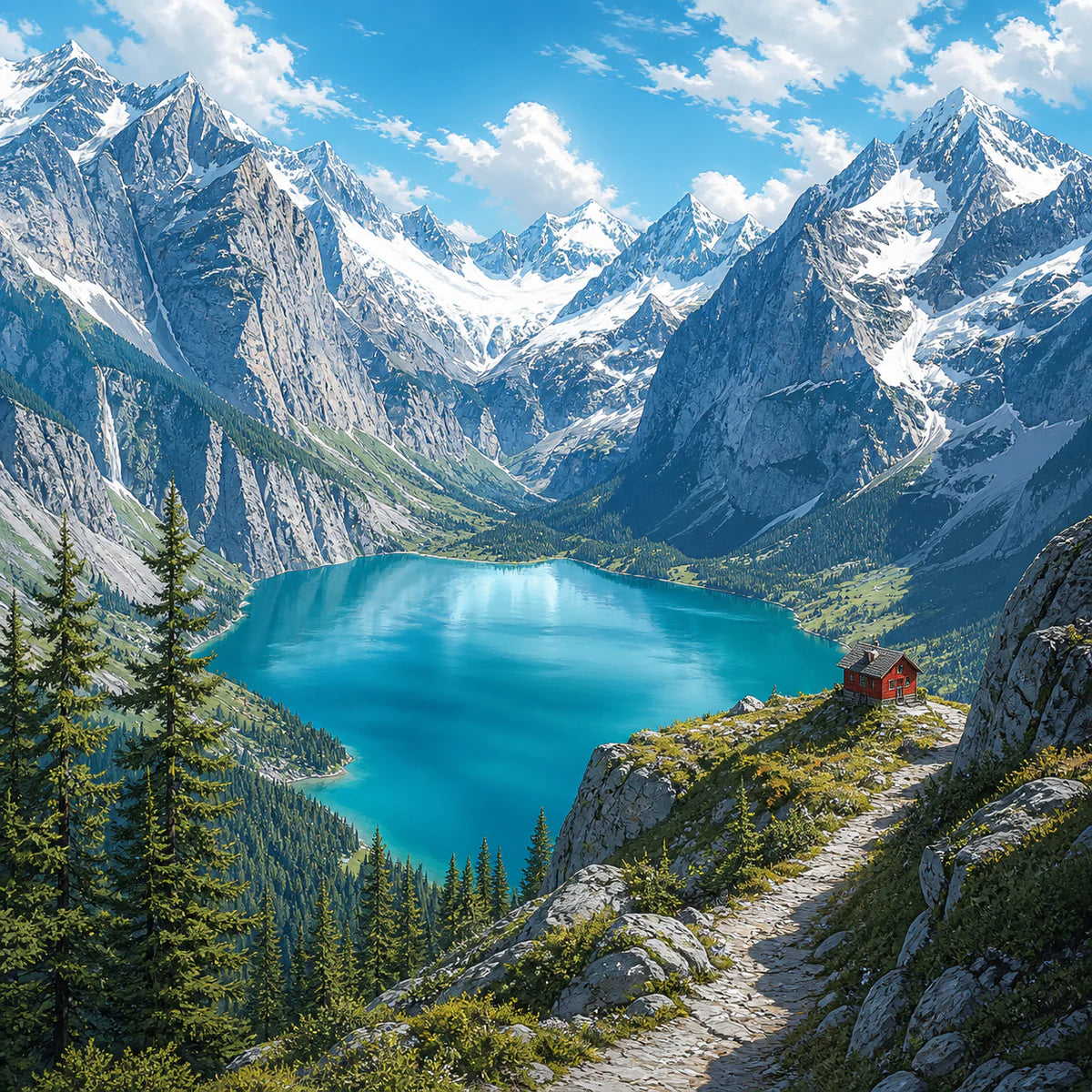 Lac d’altitude entouré de sommets pour la collection d’affiches des Alpes et Pyrénées