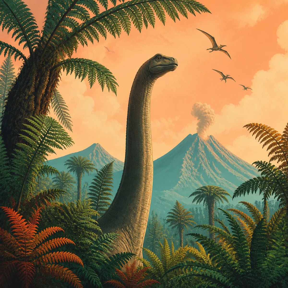 Sauropode parmi les fougères géantes pour la collection d’affiches dinosaures