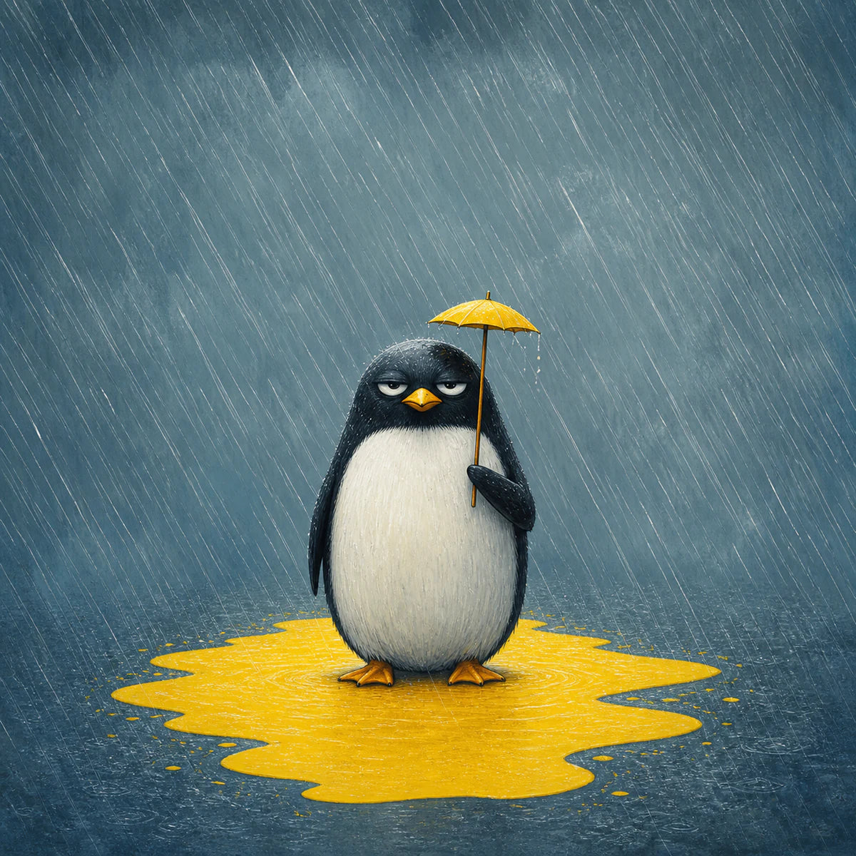 Pingouin sous un minuscule parasol pour la collection d’affiches humoristiques