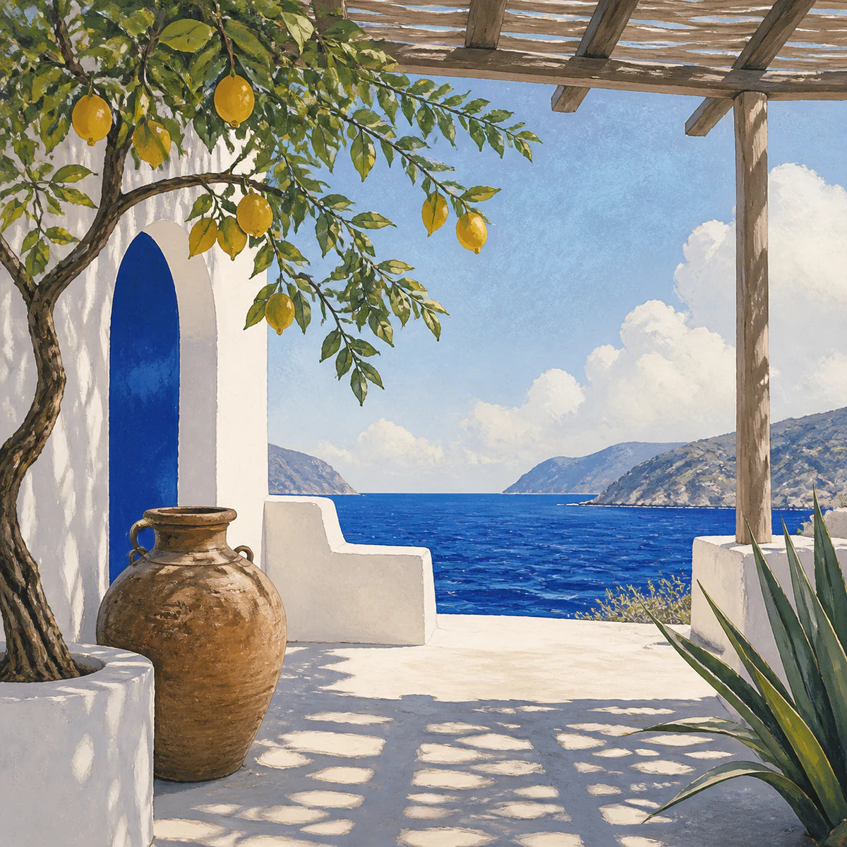 Patio blanc, citronnier et mer pour la collection d’affiches méditerranéennes