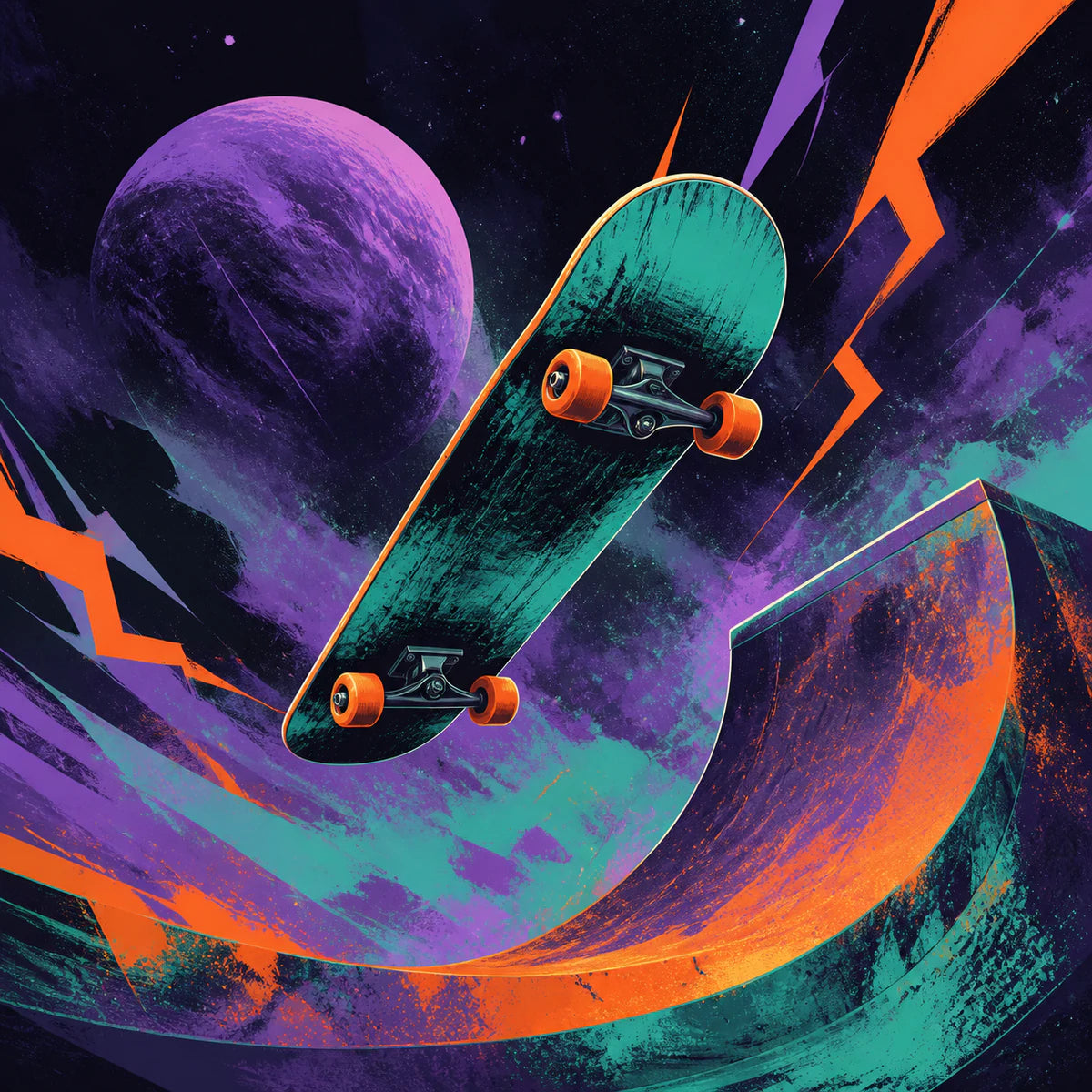 Skateboard et planète colorée pour la collection d’affiches pour ados