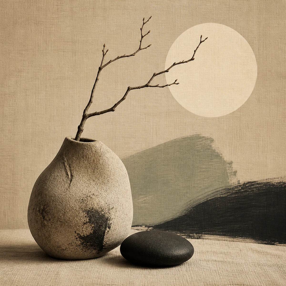 Vase en grès et branche nue pour la collection d’affiches scandinaves et Japandi