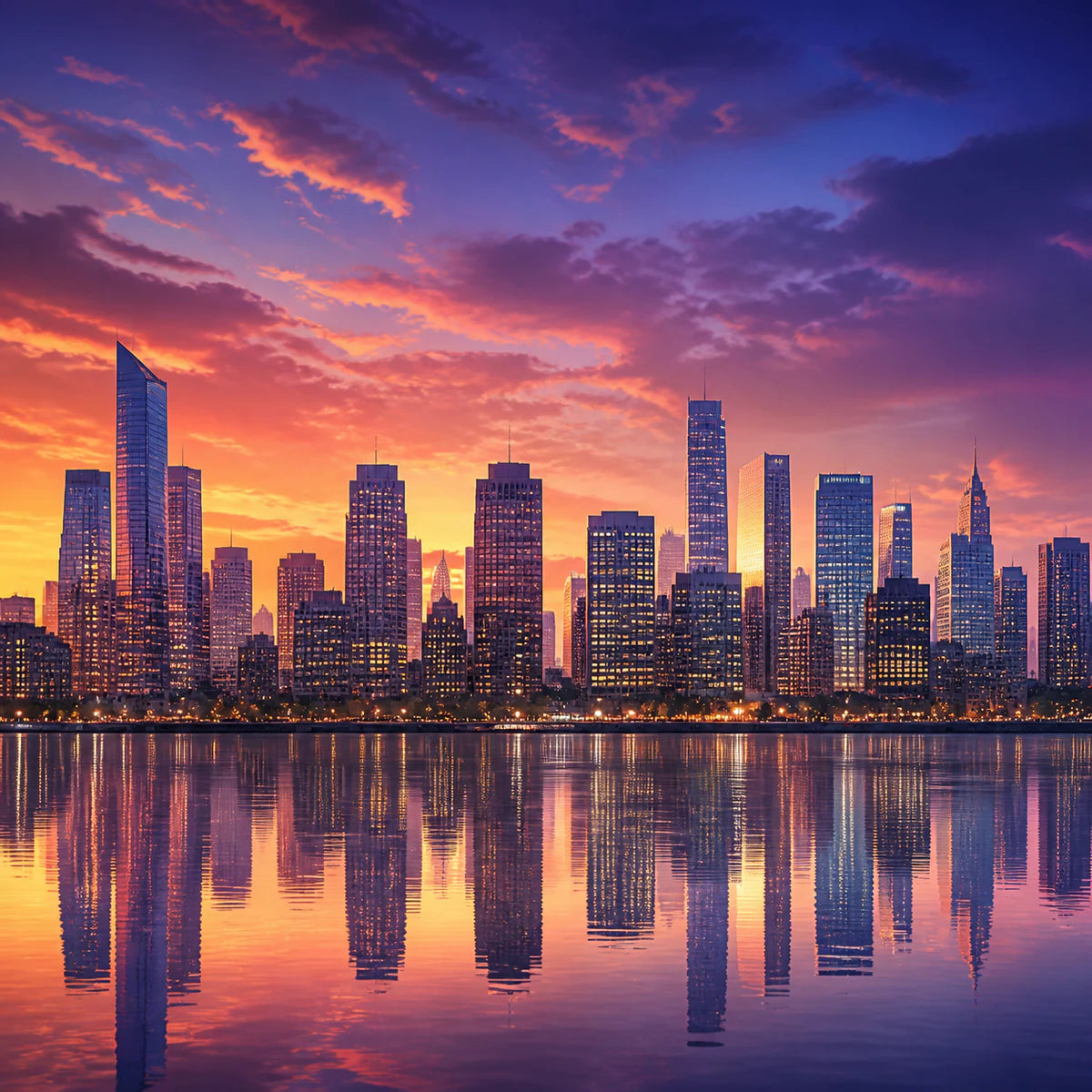 Skyline au crépuscule reflétée dans l’eau pour la collection d’affiches de panoramas urbains