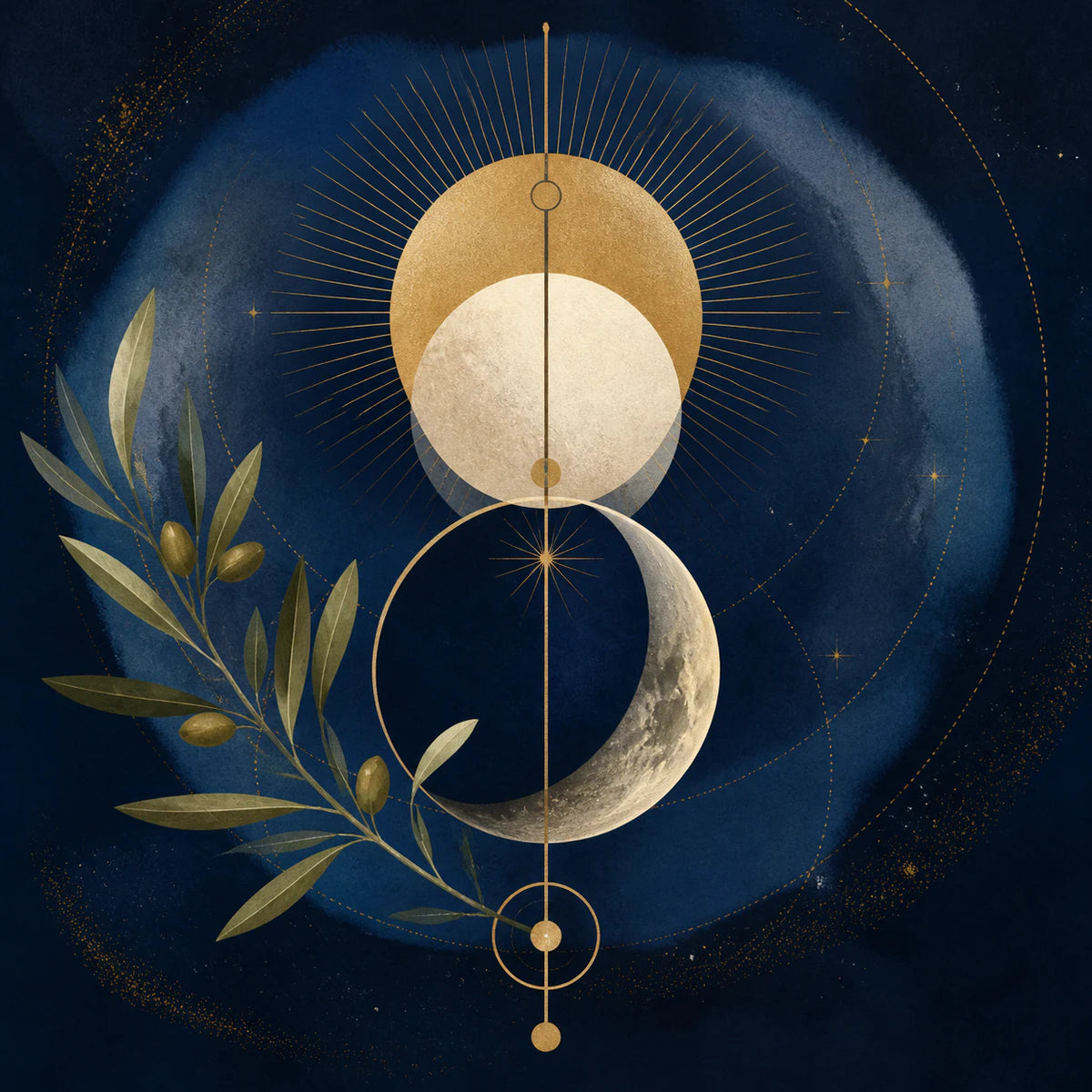 Soleil et lune reliés en composition symbolique pour la collection d’affiches spirituelles