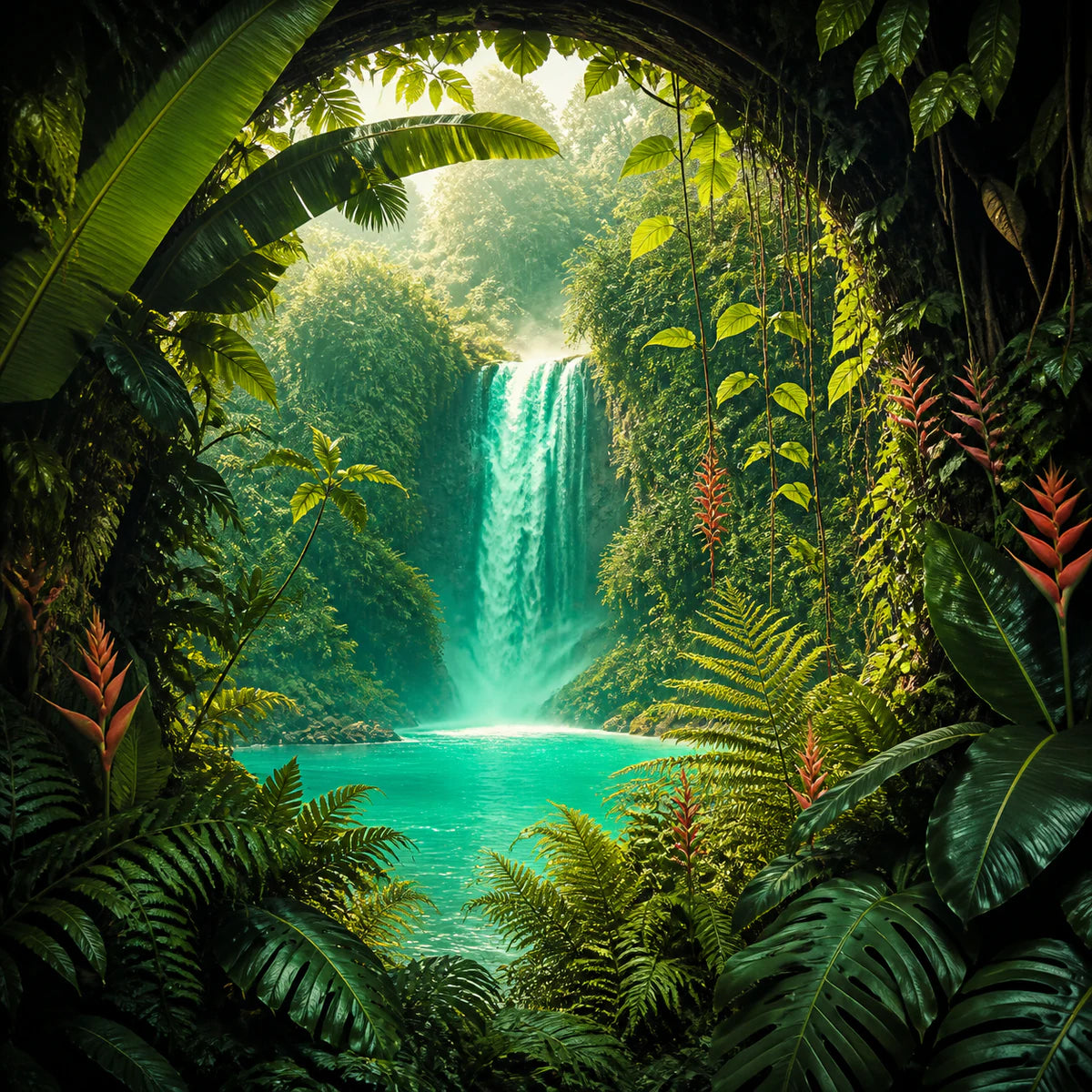 Jungle luxuriante ouverte sur une cascade pour la collection d’affiches tropicales