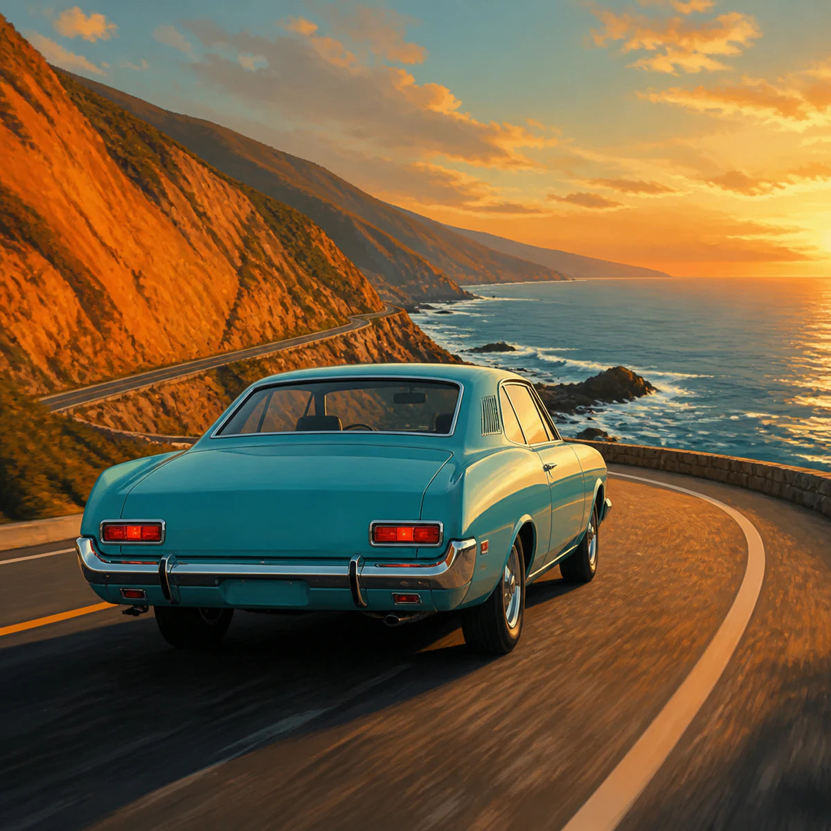 Voiture vintage sur une route côtière pour la collection d’affiches de véhicules