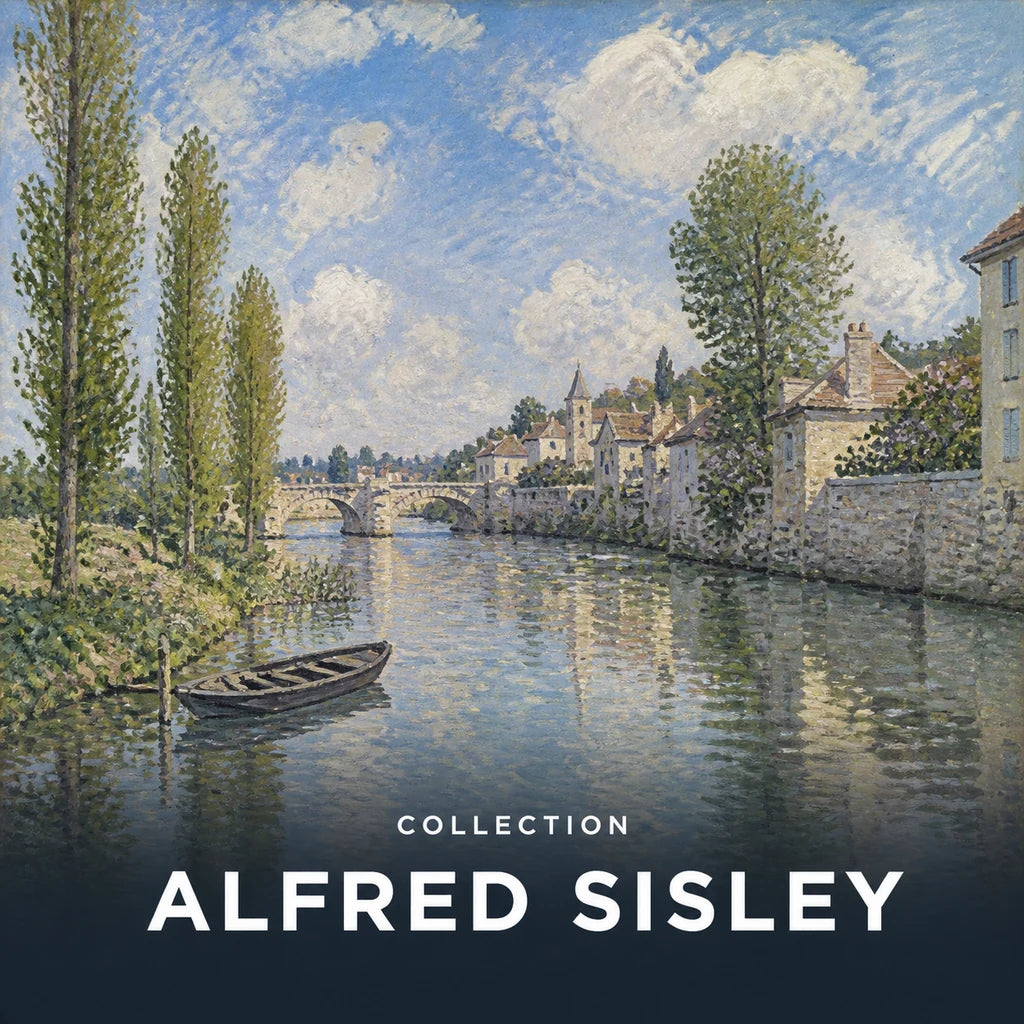 Collection Alfred Sisley : rivière paisible, pont de pierre et village sous un ciel lumineux