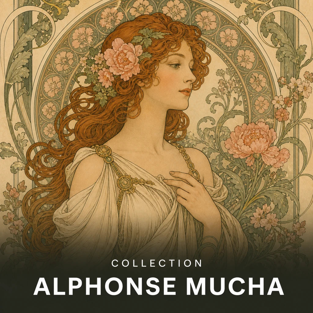 Collection Alphonse Mucha : femme rousse entourée de fleurs et d’arabesques Art nouveau