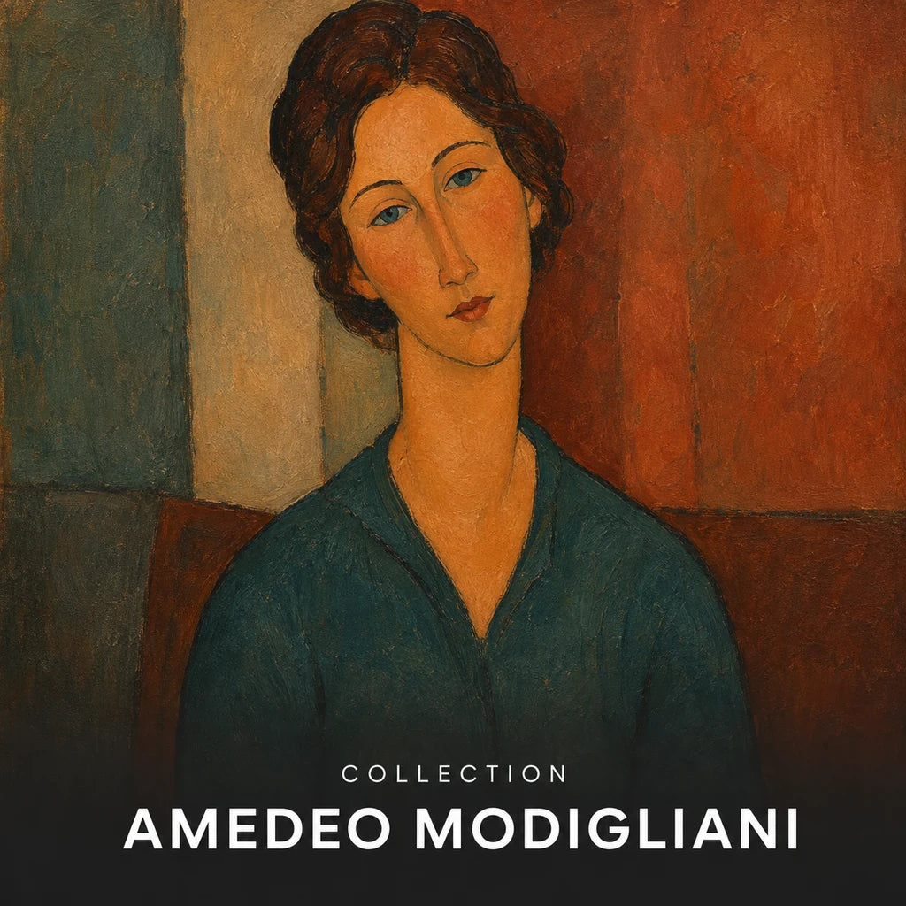 Collection Amedeo Modigliani : portrait de femme au visage allongé et au chemisier bleu-vert