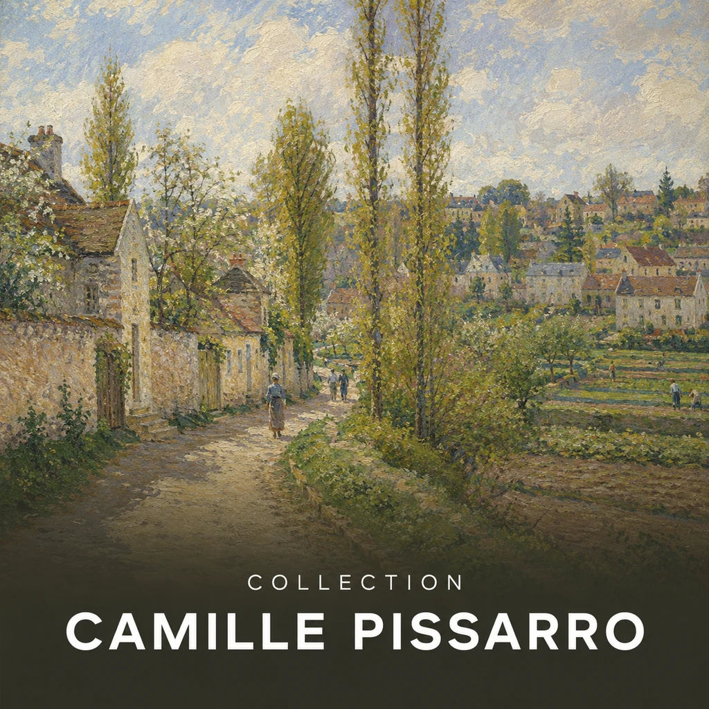 Collection Camille Pissarro : chemin de village ensoleillé bordé de peupliers et de jardins