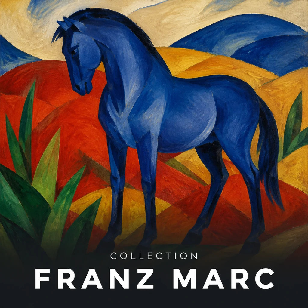 Collection Franz Marc : cheval bleu dans un paysage expressionniste rouge, jaune et vert