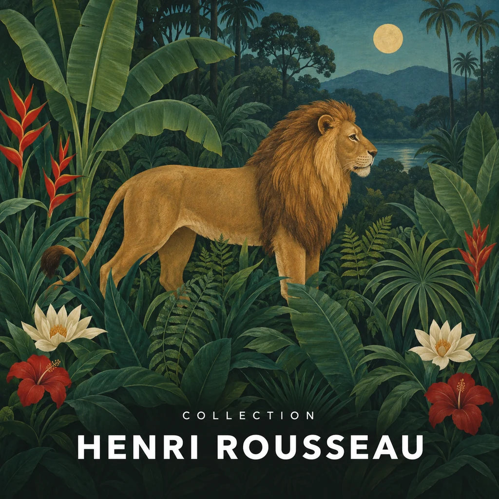 Collection Henri Rousseau : lion dans une jungle luxuriante sous la lune