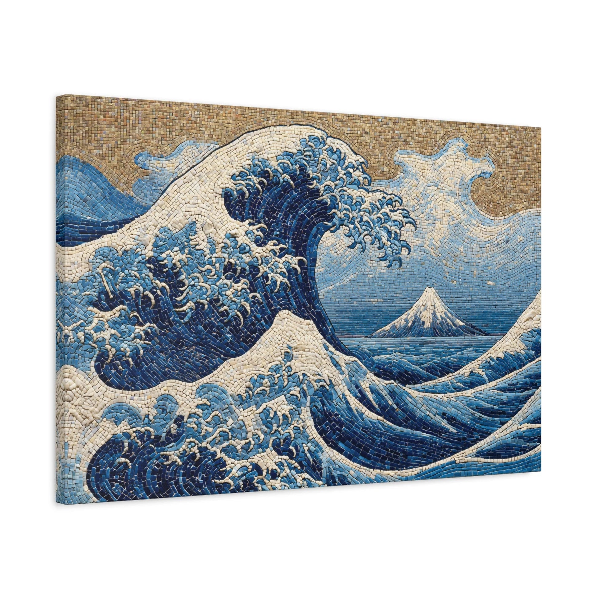 Tableau en Mosaïque Vague Hokusai - Écume de Tesselles - mise en scène mur pierre apparente