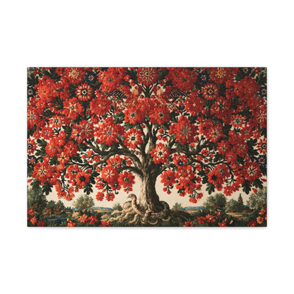 Tableau Arbre du Monde Slave, un arbre rouge abondant traité comme une tapisserie traditionnelle, format M - Art Virtuoso