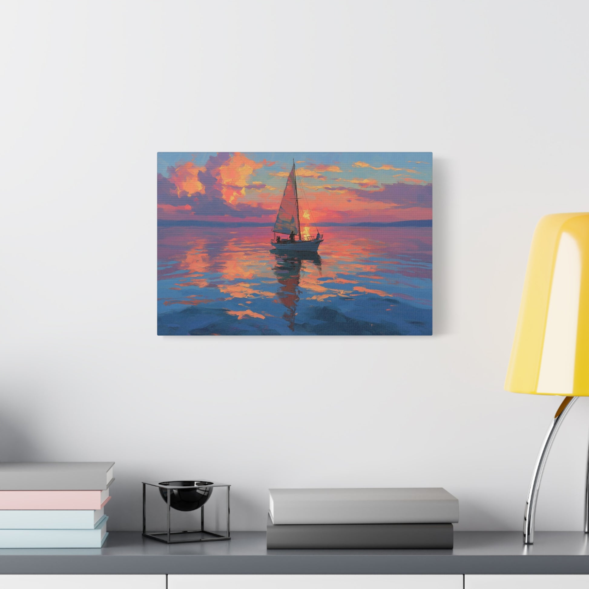 Voilier sur mer calme au coucher de soleil rose orange - Art Virtuoso - vue 7/20