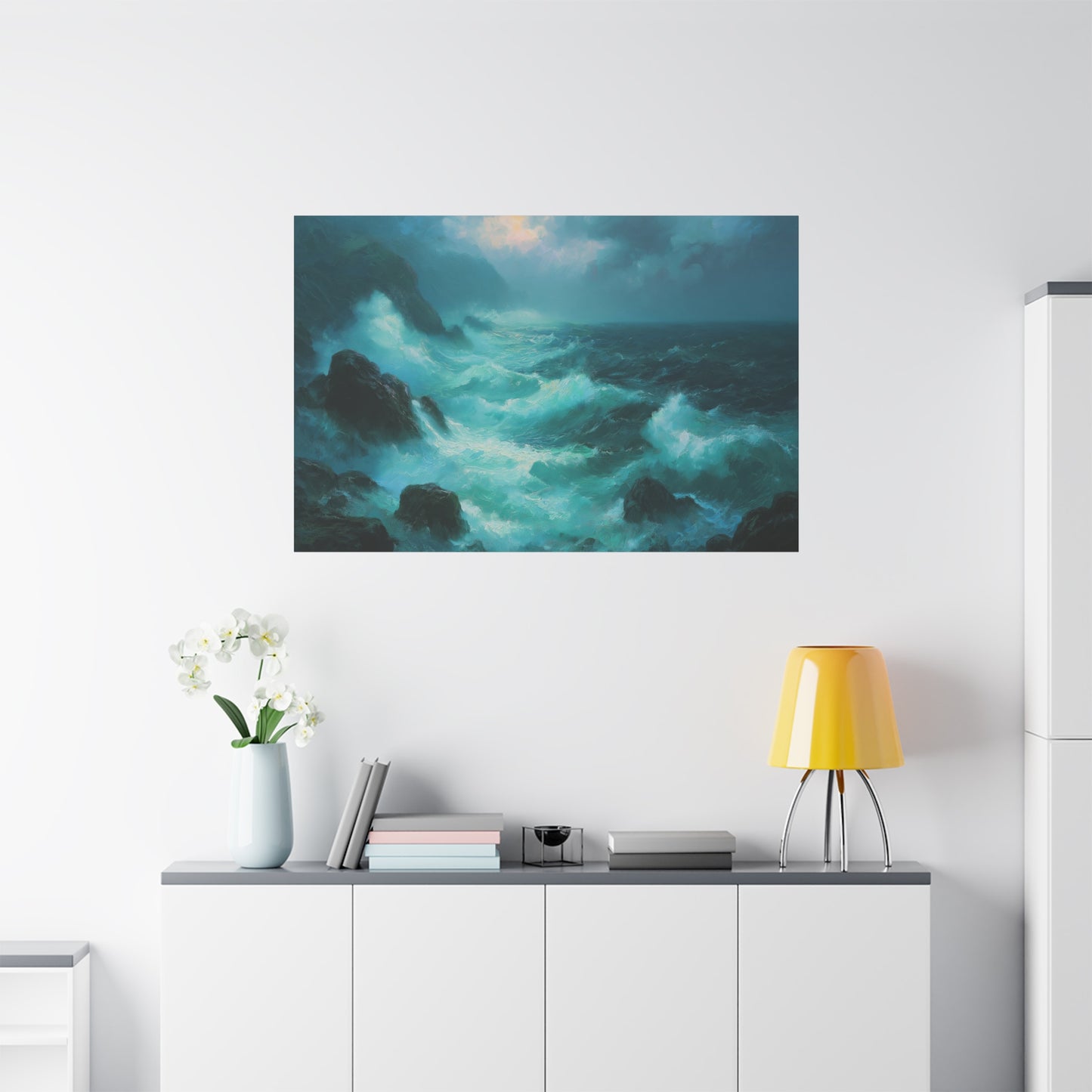 Mer agitee turquoise avec rochers noirs ecume blanche et ciel de tempete - Art Virtuoso - vue 19/20
