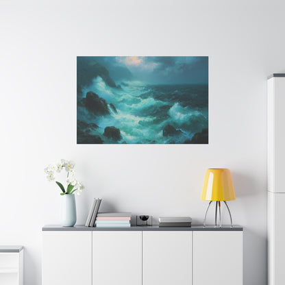 Mer agitee turquoise avec rochers noirs ecume blanche et ciel de tempete - Art Virtuoso - vue 19/20
