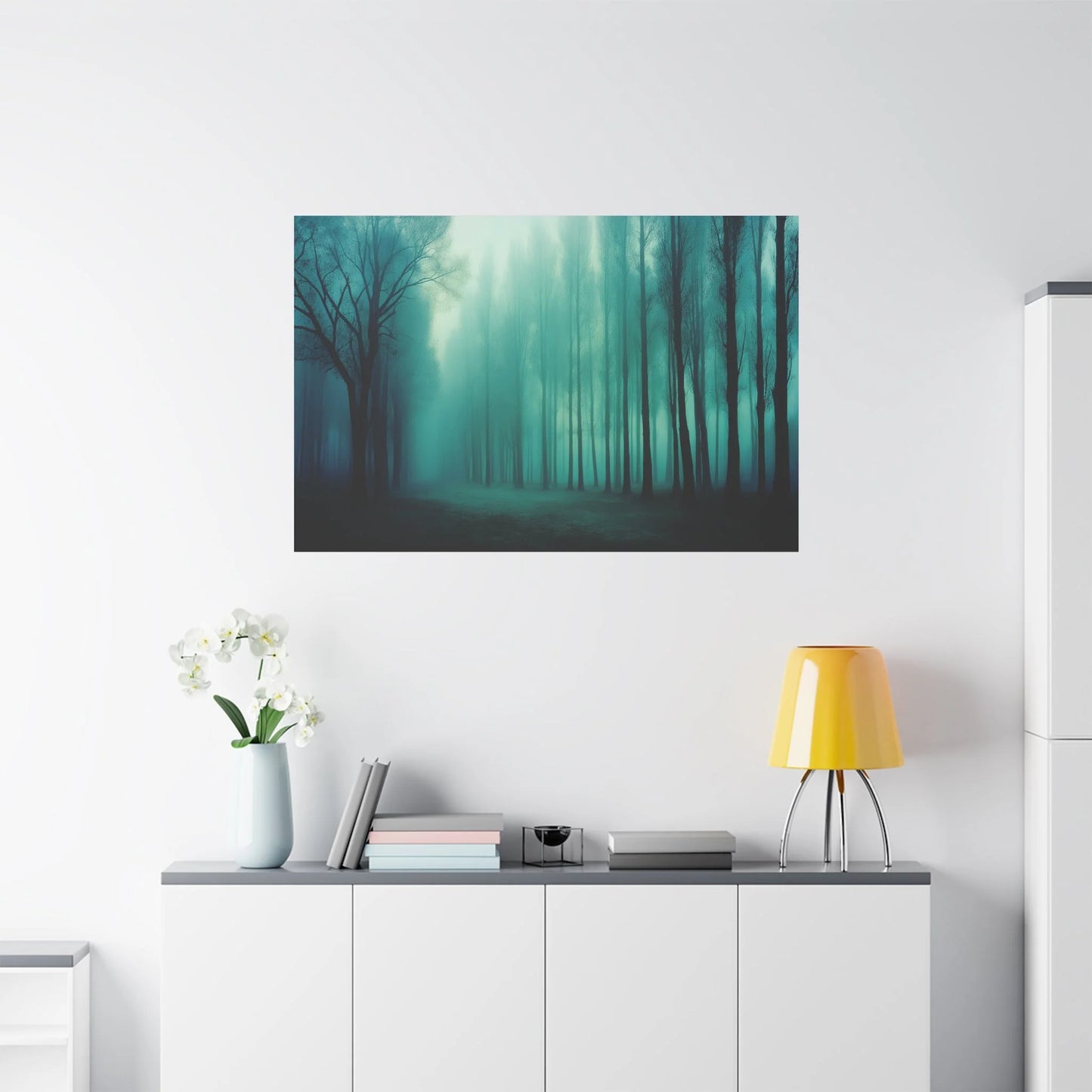 Tableau Forêt vert sauge dans un salon contemporain